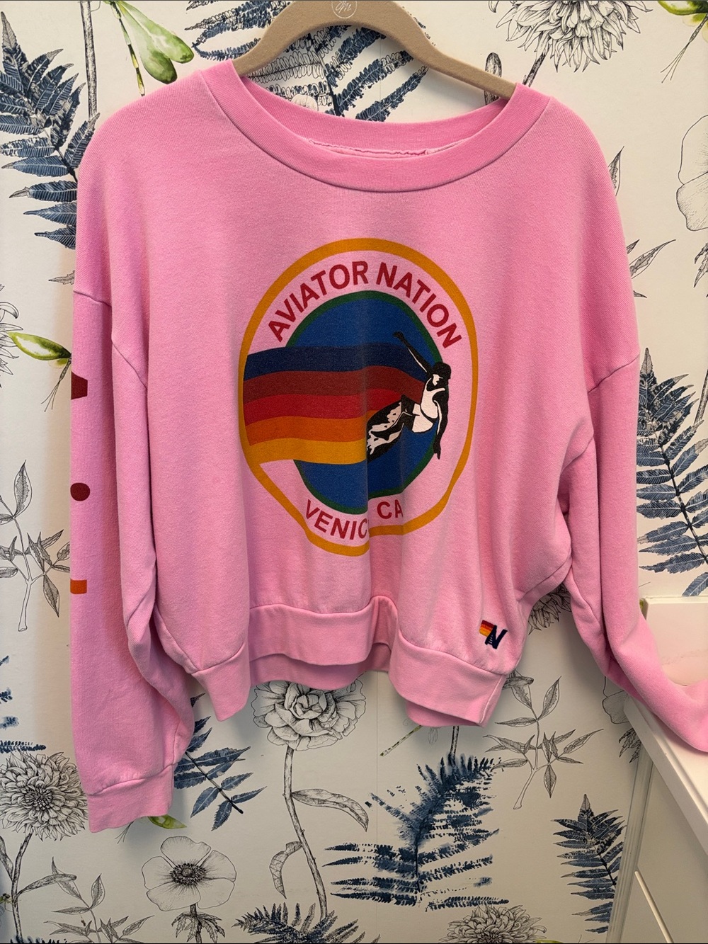 Aviator Nation Pink Rainbow Logo Cropped Crewneck